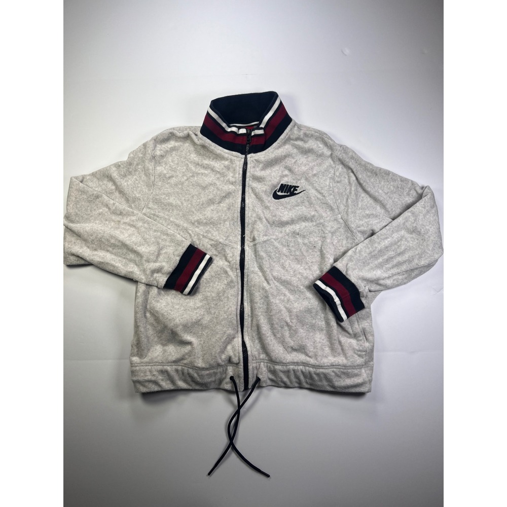 Nike Track Jacket Womens Large Grey Terry Cloth Full Zip Striped Trim Retro